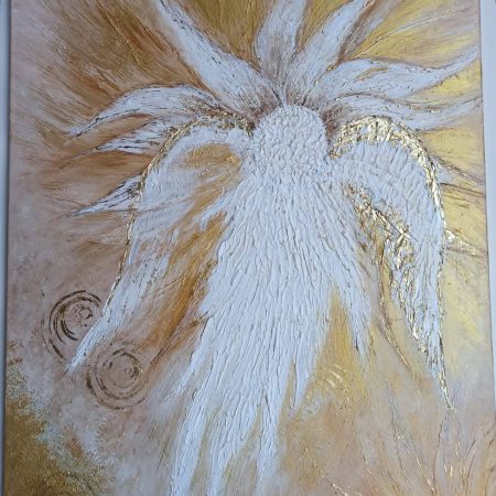 Gemälde Engel und Blume in Gold und weiß mit Strukturpaste und Blattgold